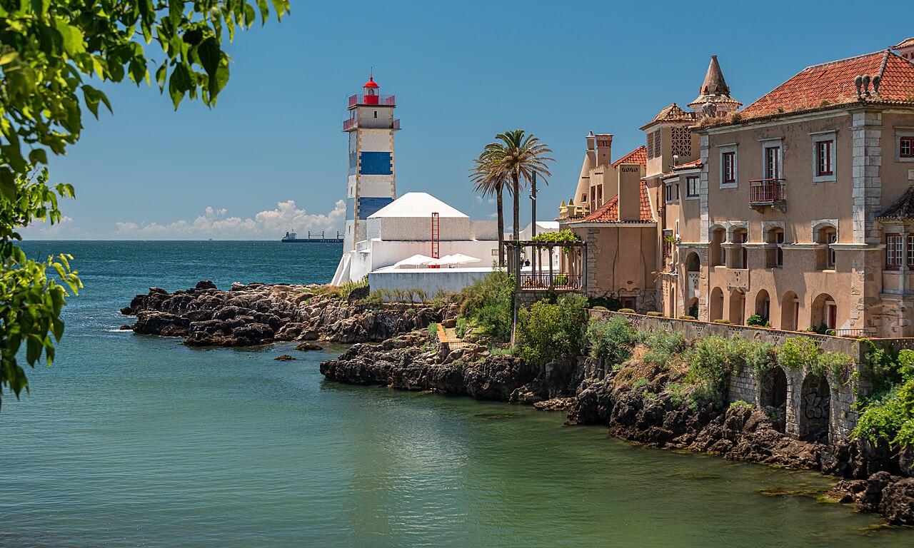 The sheltered waterfront of Cascais and Santa Marta lighthouse