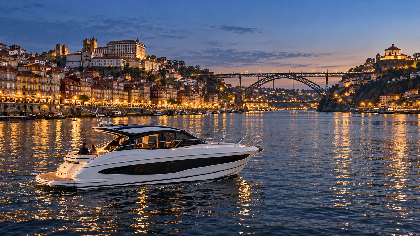 Illustrative yacht beneath the evening lights of Porto