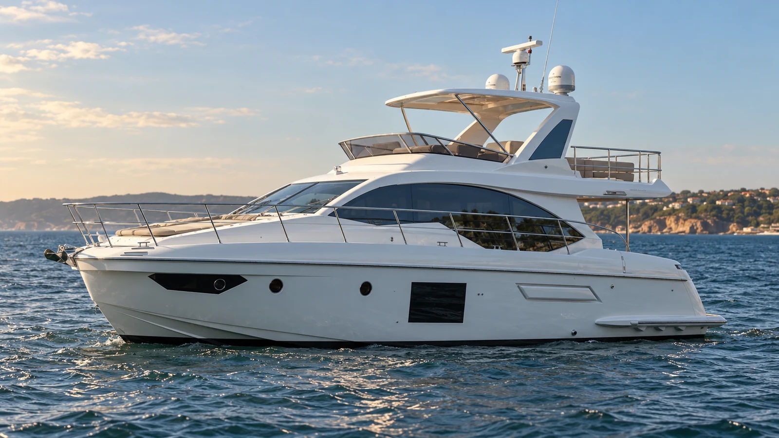 Azimut 55 Flybridge — Opposite port profile, Cascais Marina